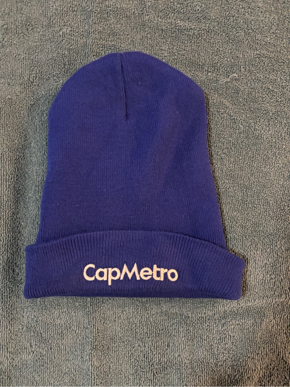 CapMetro Knit Beanie in Navy Blue with White Logo